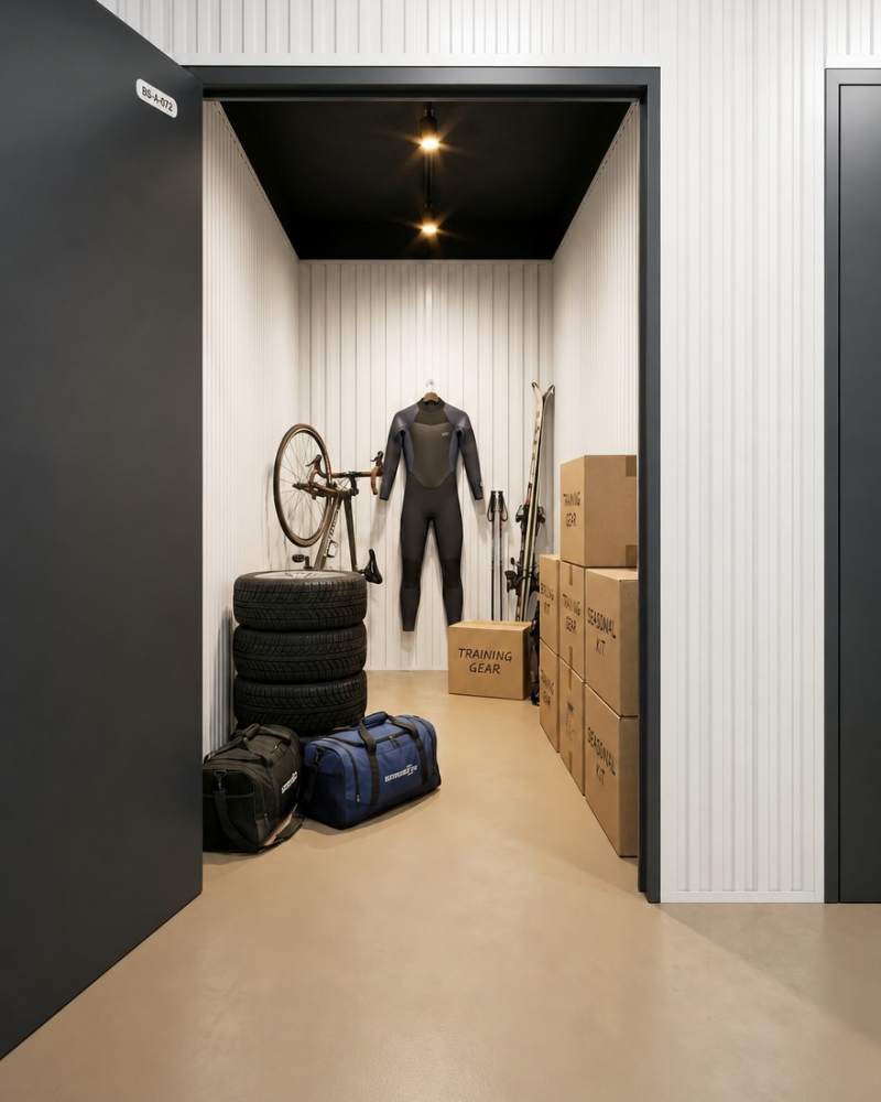 Offene Box mit Sportausrüstung: Rennrad, Ski, SUP-Board und Sporttaschen